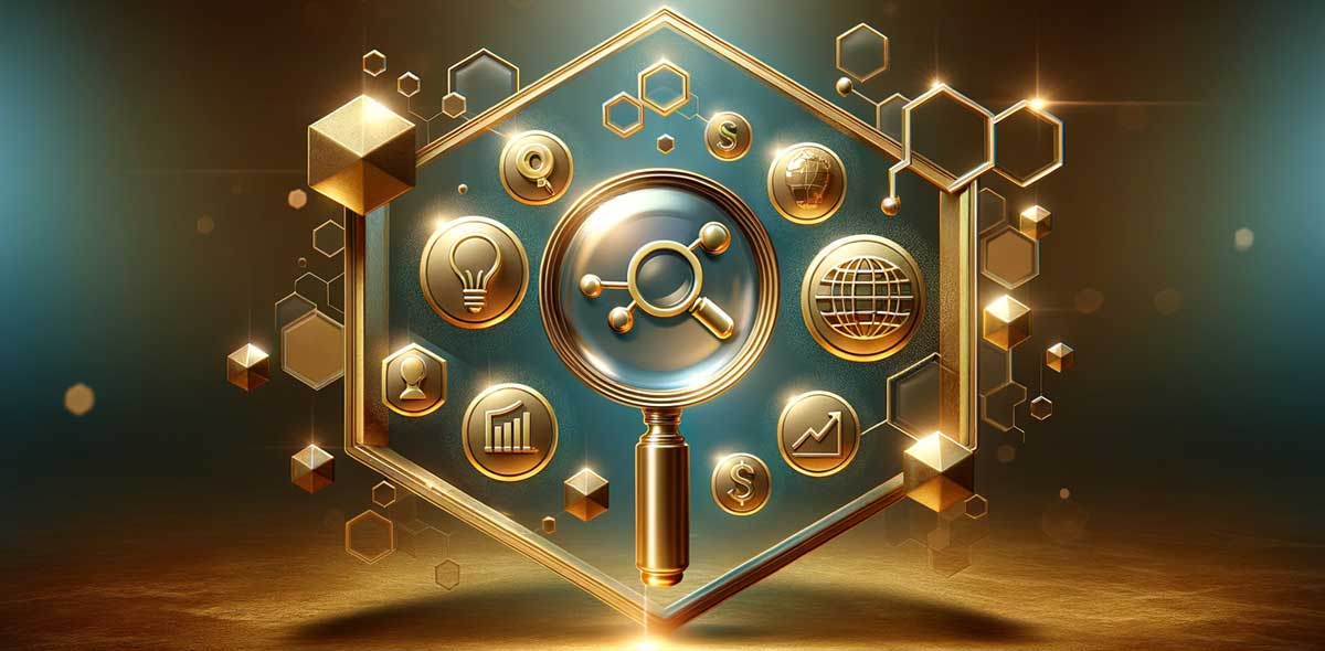 An illustration representing the place of a Google Business Profile in a home care agency's marketing mix. Gold icons sparkle and shine amidst a background of spotlighted ambers and blues.