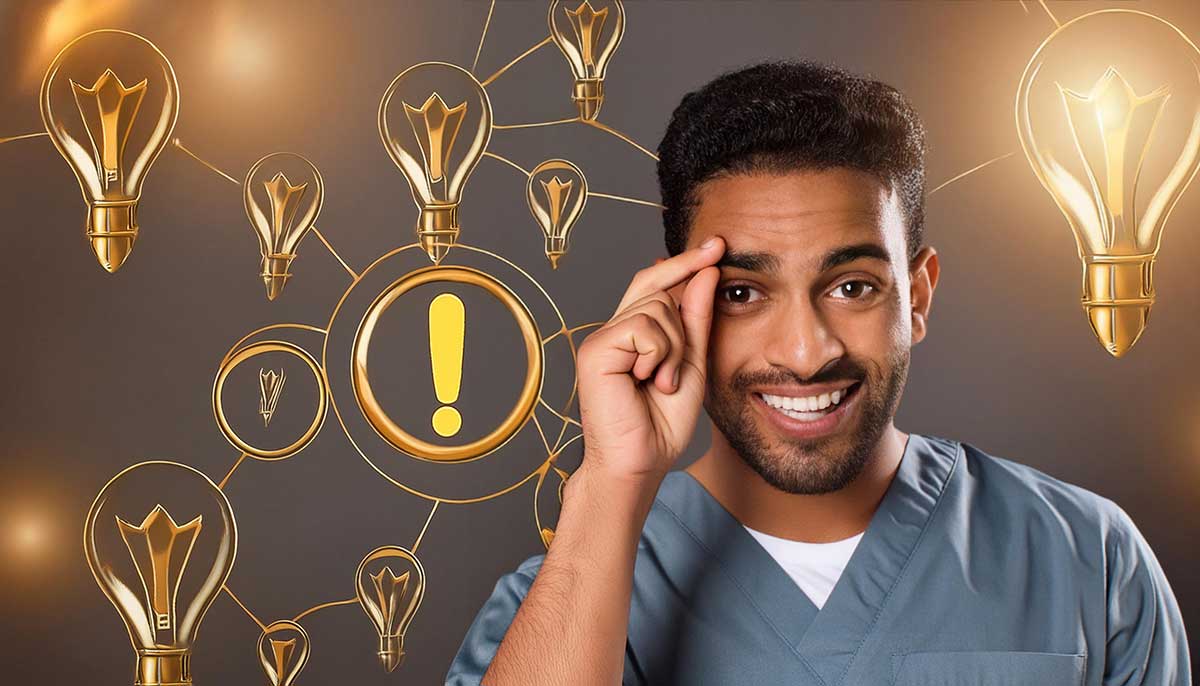 A healthcare worker touches his head while surrounded by lightbulbs
