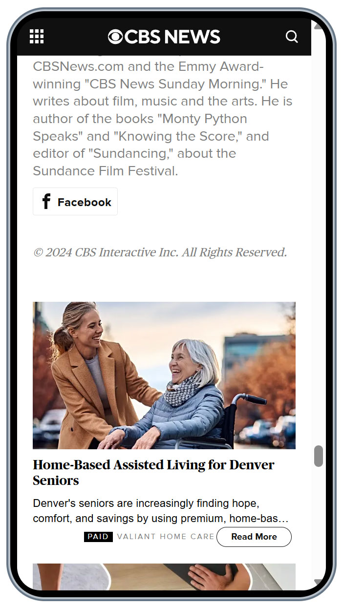 Mobile view of a sample of an actual NewsLink Target Marketing ad, for private-pay home care marketing, as seen on CBS News.