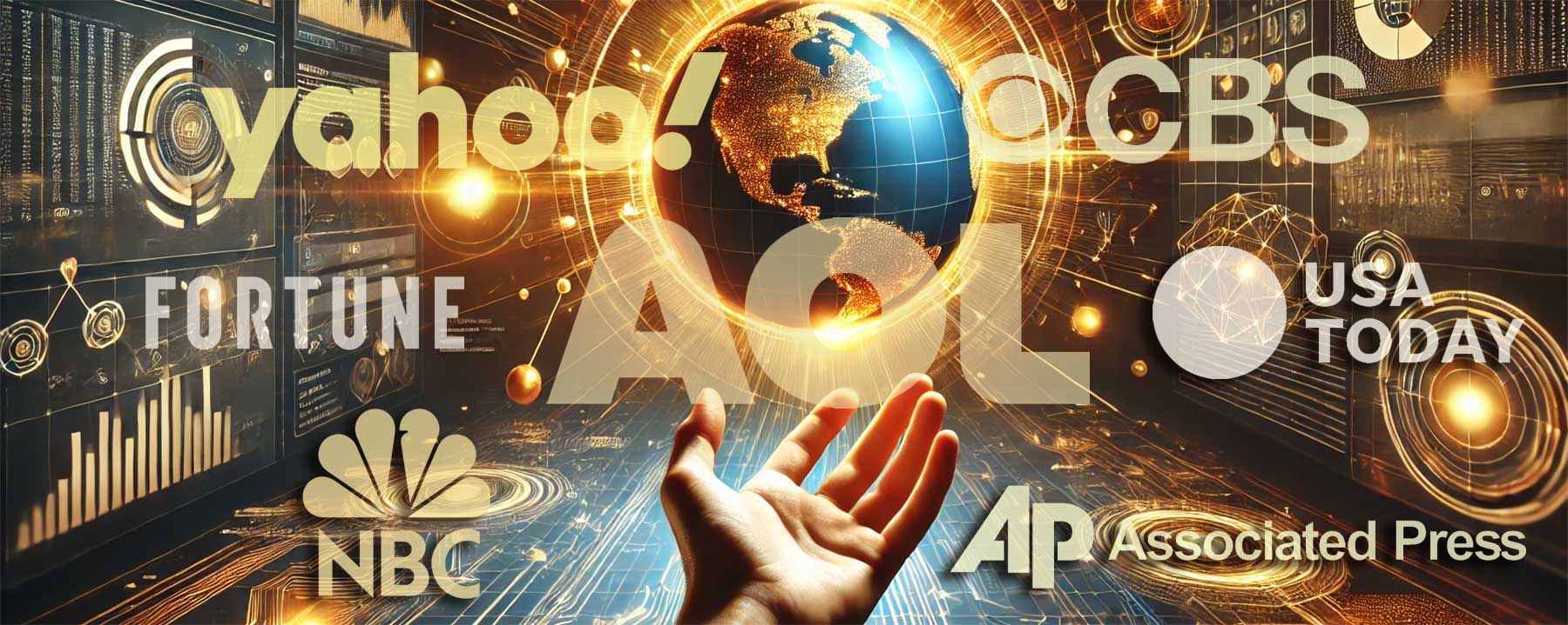 A futuristic digital advertising concept for home care marketing, featuring a glowing golden globe and a professional hand reaching toward interconnected digital networks. Logos of major news and media websites—including Yahoo, AOL, CBS, NBC, Fortune, USA Today, and the Associated Press—highlight premium ad placements. The image symbolizes the power of targeted advertising in high-credibility media environments.