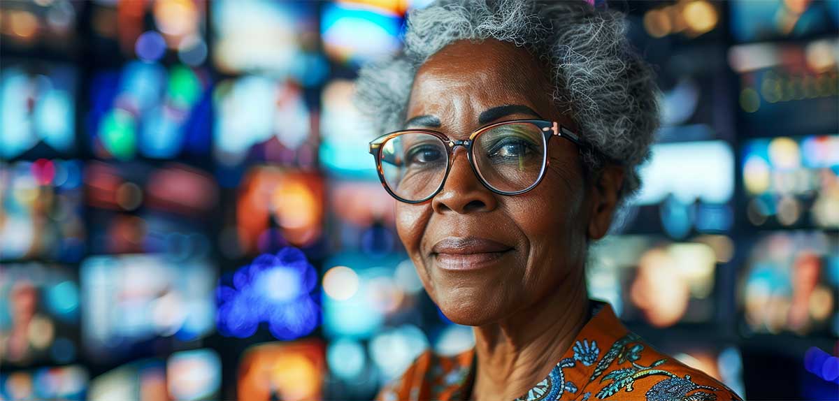 AI generated image of a senior woman infront of many TVs, all with different programs